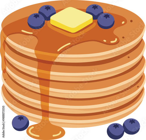 Stack of pancakes with butter and syrup dripping topped with fresh blueberries breakfast food illustration 