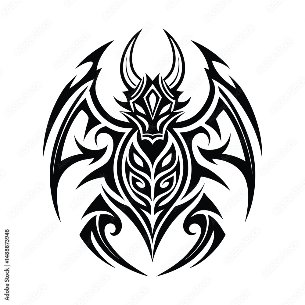 Fototapeta premium A stylized black dragon design with tribal elements on a white background tattoo style illustration