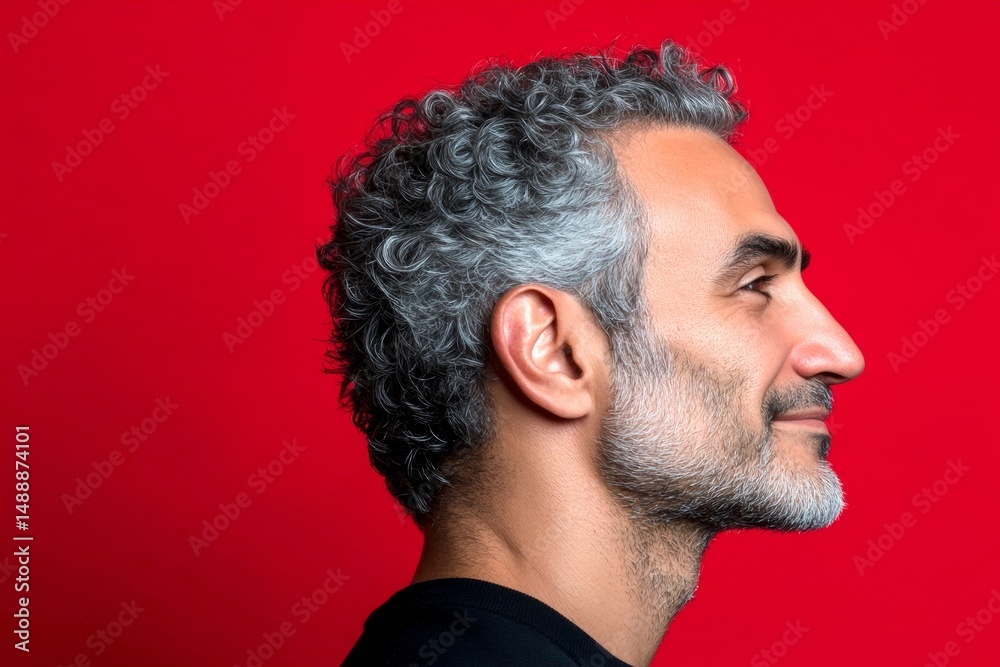 Obraz premium Elegant men's high fade haircut - midlife arabian man with curly hair. A man with a soft expression in a peaceful setting. Conceptual art of style for aging men. Red solid background.
