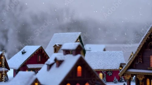 Winter village rooftops covered in fresh snow during a soft snowfall event.