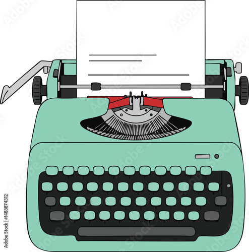 Vintage green typewriter with paper sheet and keys detailed vector illustration for creative writing and communication tools