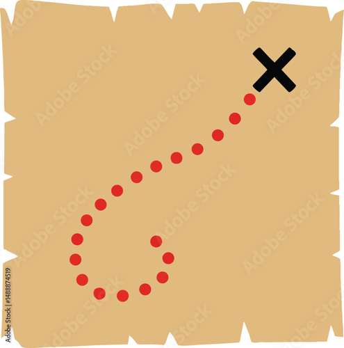 Treasure map with red dotted path leading to marked spot navigation concept illustration 