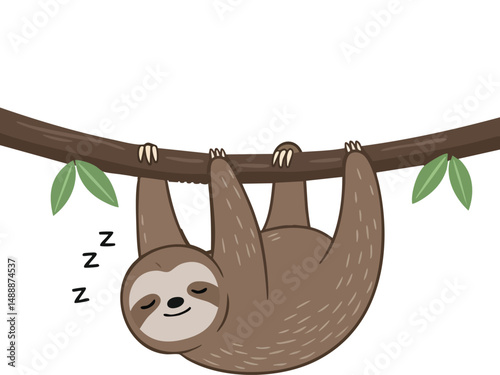 Sloth Hanging Sleeping on Tree Branch Cute Cartoon Animal Vector Illustration 