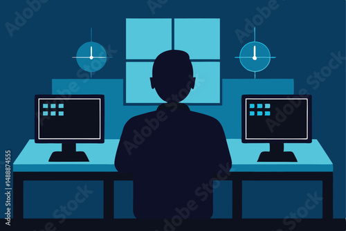 dark silhouette figure at computer workstation, multiple monitors, digital technology, cybersecurity, surveillance, data analysis, high-tech environment, digital transformation, information technology