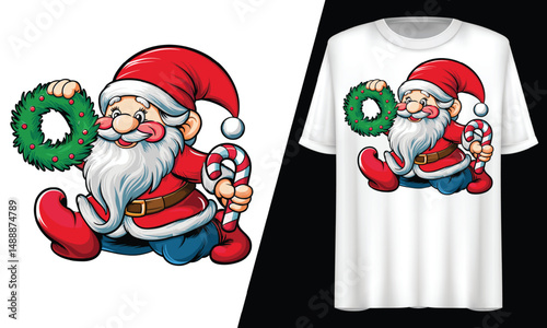 Christmas Santa Holding Wreath Candy Cane, T-Shirt Design.