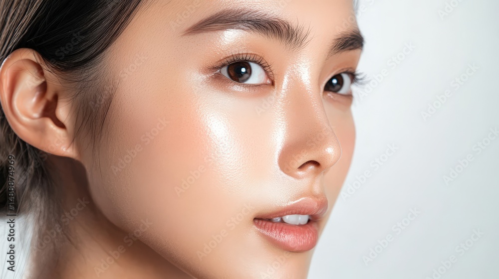 Fototapeta premium Close-up portrait of a woman with glowing skin.