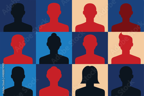 photo of many people's silhouettes, colorful background, pop art style, geometric shapes, vibrant colors, digital art, minimalist
