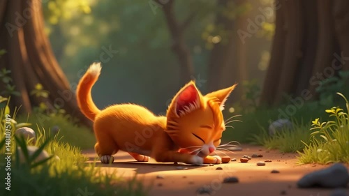 cartoon cat with big eyes on a forest path against a bright background of nature lay down to rest