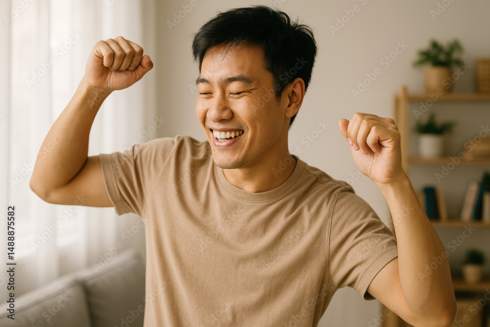 Happy man celebrating success at home, joyful expression with positive energy indoors Happy man celebrating success at home, joyful expression with positive energy indoors