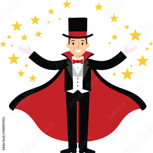 Magician performing magic trick with stars and top hat in classic costume vector illustration 
