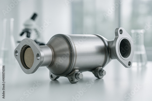 Stainless steel catalytic converter on laboratory table with blurred background