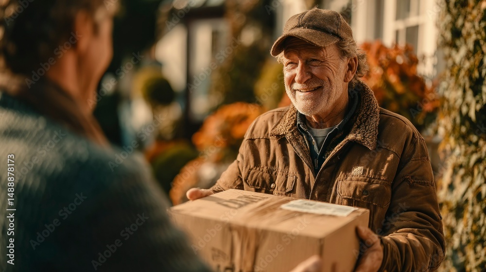 A cheerful individual handing over a package symbolizing delivery and customer satisfaction in A cheerful individual handing over a package symbolizing delivery and customer satisfaction in