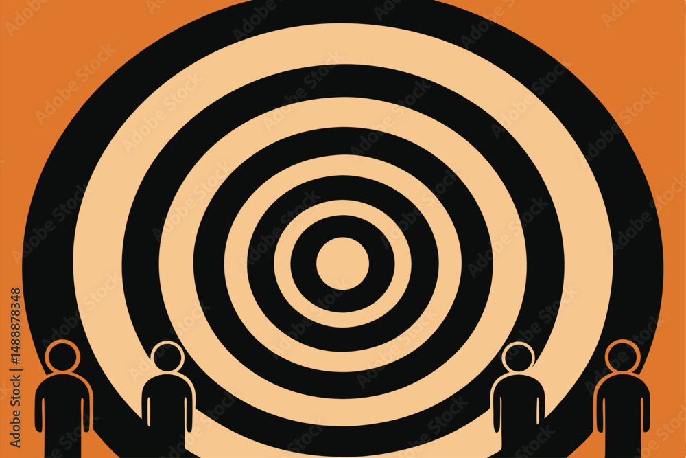Business people silhouettes on a red target dartboard, aiming for success at the center goal
