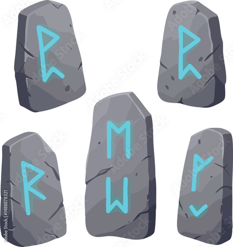 Rune stones with glowing blue ancient symbols on gray rock surfaces vector illustration 