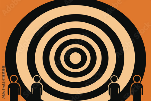 Business people silhouettes on a red target dartboard, aiming for success at the center goal