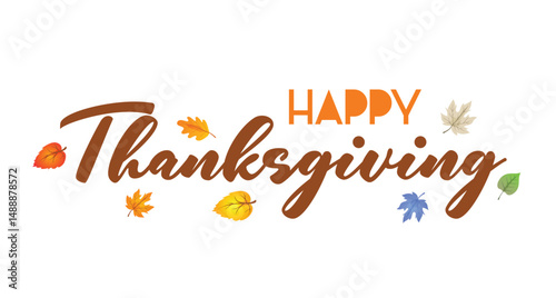 Happy Thanksgiving typography handwriting text orange color with autumn leaves concept vector