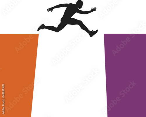 Man silhouette jumping between orange and purple blocks showing risk taking and overcoming challenges vector illustration 