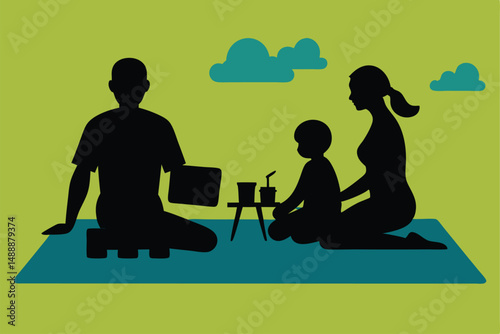 A vector illustration of people silhouettes in a park, including business individuals, a couple, and children enjoying music and sport near a tree