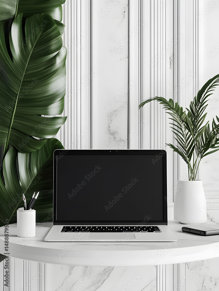 Fototapeta premium An open laptop stands on table with plants. Light background. Front view. Computer mockup for design