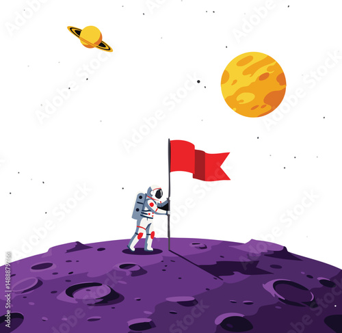 Astronaut planting red flag on purple alien planet under orange planets in space vector illustration 