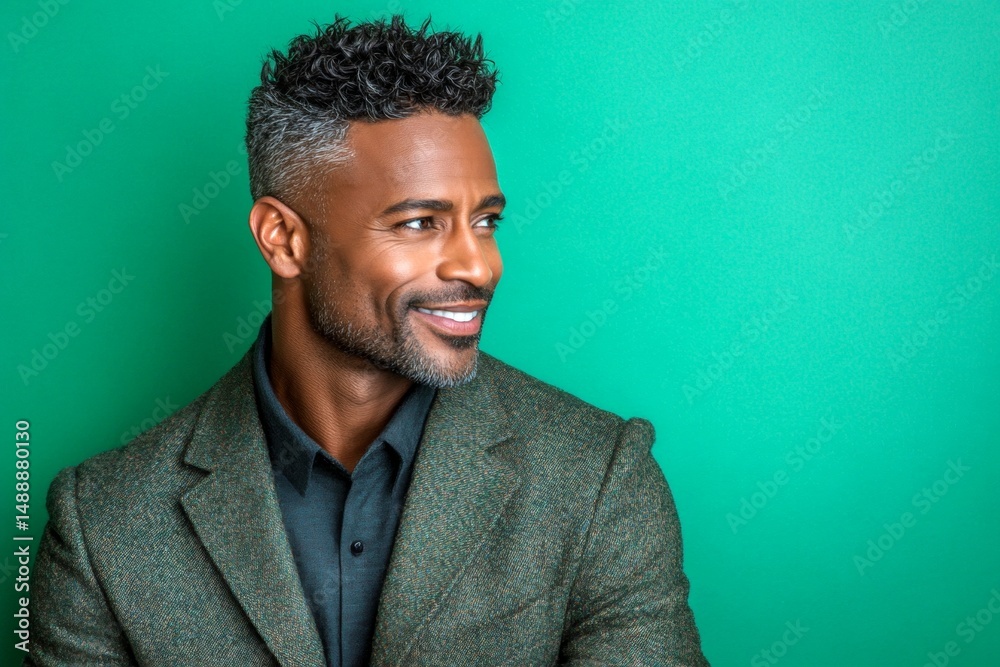 Obraz premium A handsome man in his 40s with a radiant smile. A classic and stylish male with a natural smile. A classic beauty man with timeless elegance. A confident and radiant gentleman embracing his lo.