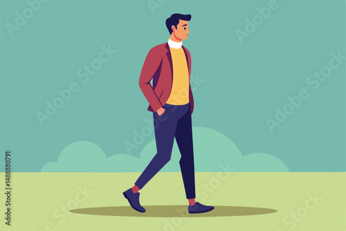 Cartoon businessman character in a hat with a golf club and ball, a vector illustration of a person at work