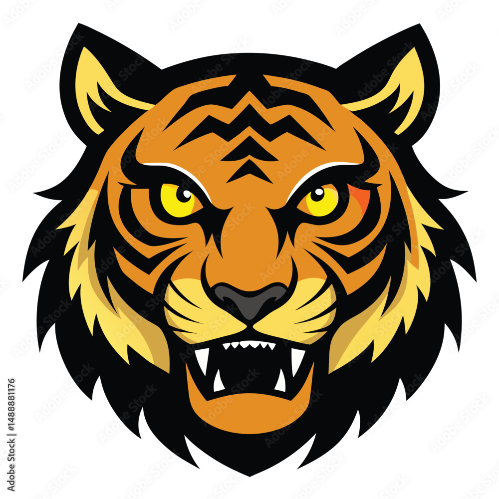 High quality vector art, tiger head, fierce expression, glowing yellow eyes, detailed fur texture, digital painting, vector illustration High quality vector art, tiger head, fierce expression, glowing yellow eyes, detailed fur texture, digital painting, vector illustration