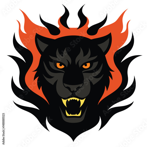 Black tiger head silhouette surrounded by orange flames rising upward.