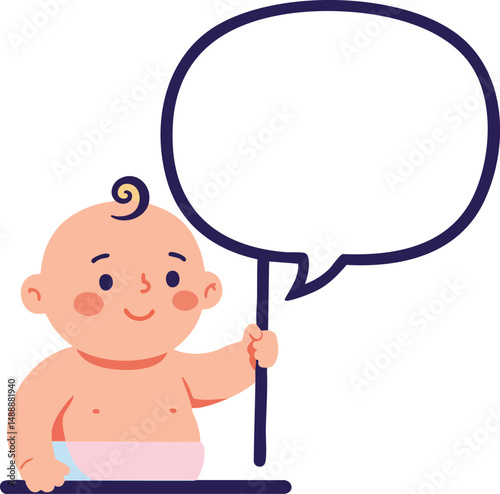 Baby holding speech bubble illustration with smiling face and diaper vector graphic design 