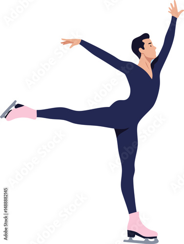 Male figure skater performing elegant arabesque pose in navy outfit and pink skates vector illustration 