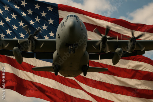 Military aircraft flying against dramatic american flag background