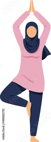 Woman in hijab practicing yoga tree pose for mindfulness and balance in activewear vector illustration 