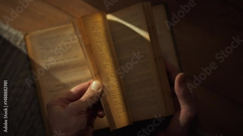 A person holds an aged book with worn pages, reading softly in a warm and inviting atmosphere. The scene captures a tranquil evening at home, evoking a sense of comfort