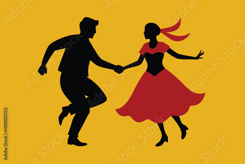 A passionate black silhouette vector illustration of a dancing couple shows the evolution of people in love through sport and music