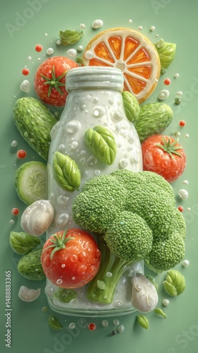 Vibrant fruits and vegetables in a dynamic health burst