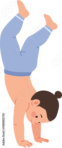 Child doing handstand in blue pants and bare torso playful activity vector illustration 