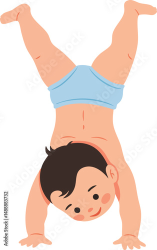 Baby boy doing handstand in blue shorts playful toddler balancing on hands vector illustration 