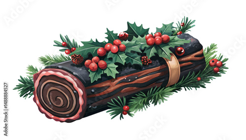 Christmas yule log cake decorated with holly and berries on transparent background	
