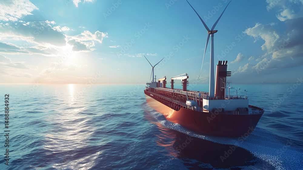 Obraz premium A cargo ship with wind turbines on deck sailing on the ocean under a bright sky at sunrise