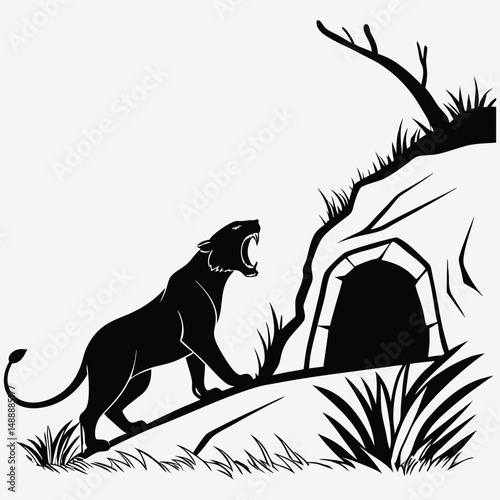 A tiger growling defensively in front of its den with moonlight behind  image silhouette design vector art and illustration