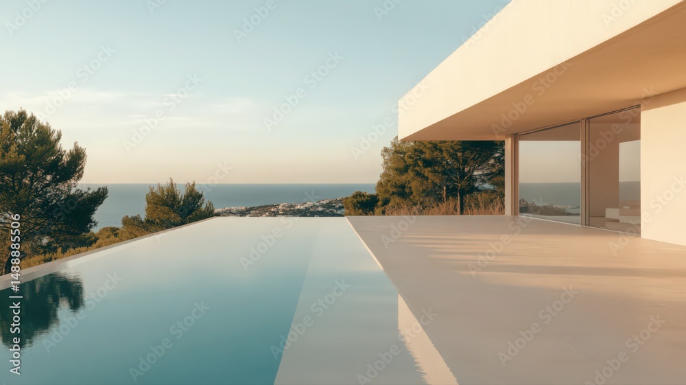 Fototapeta premium Modern White Villa with Infinity Pool Overlooking Ocean at Sunset