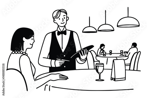Waiter writing in a notepad while taking an order from restaurant customer, cafe or bistro scene, minimalist black outline illustration