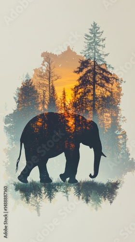 Ethereal double exposure elephant in misty forest at sunset