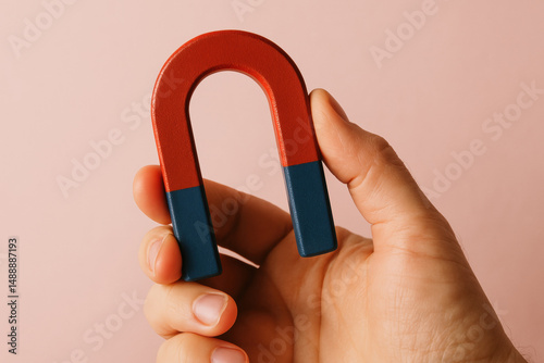 Hand holding red and blue horseshoe magnet against soft pink background