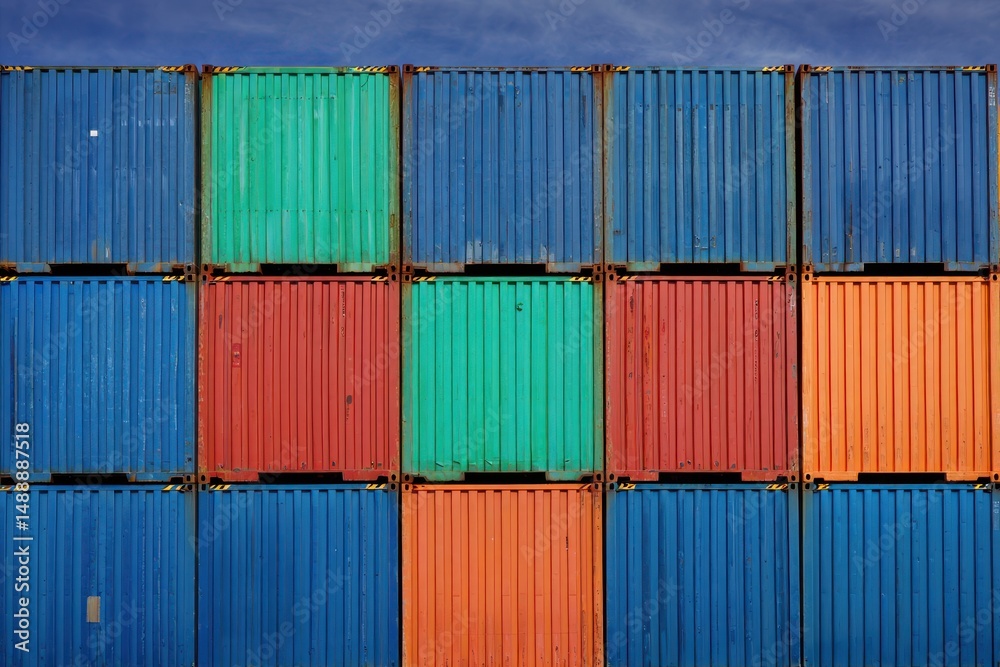 Fototapeta premium Brightly painted shipping containers stack in a striking arrangement at a busy port. The vibrant colors create a unique visual contrast against the clear blue sky.
