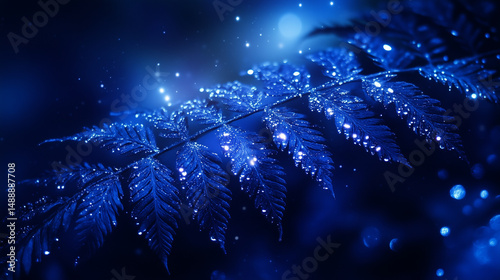 Close-up of a fern with dew drops reflecting stars