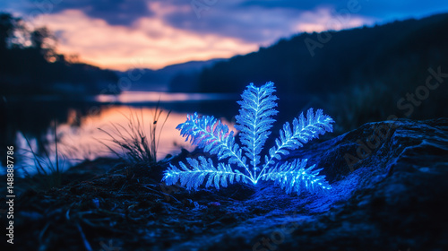 A bioluminescent fern glowing softly in the twilight