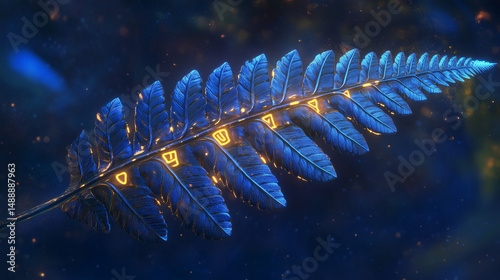 A single fern frond with ancient runes glowing along its veins