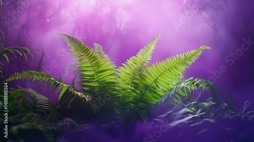 A vibrant green fern surrounded by purple mist in a magical glade