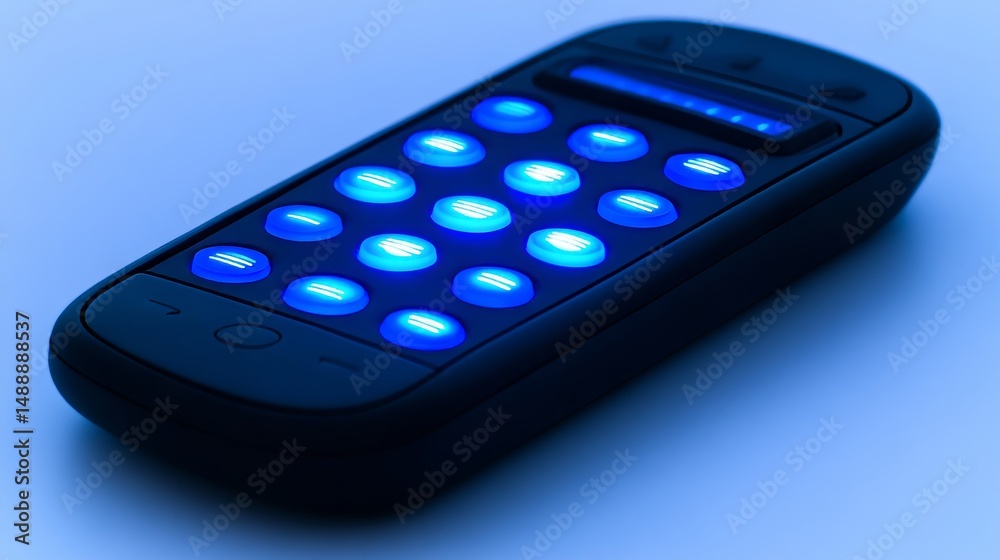Close-up of sleek black media player with glowing blue buttons on minimalist surface, modern electronic device featuring smooth design and illuminated controls for tech and entertainment use. Close-up of sleek black media player with glowing blue buttons on minimalist surface, modern electronic device featuring smooth design and illuminated controls for tech and entertainment use.